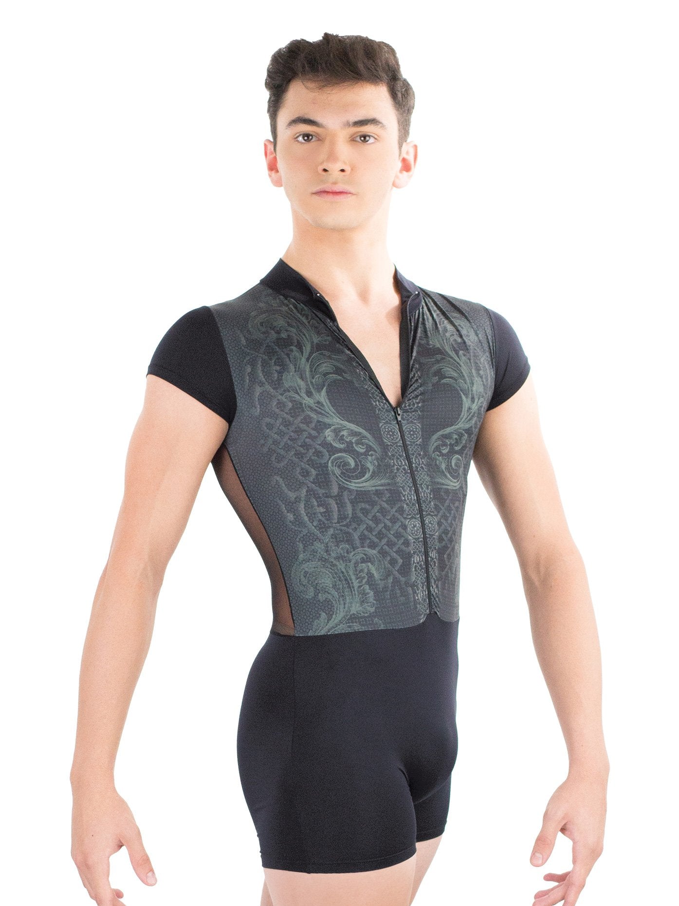 Ballet Rosa Mens Printed Mesh Back Zip Front Biketard Noir L RAONI