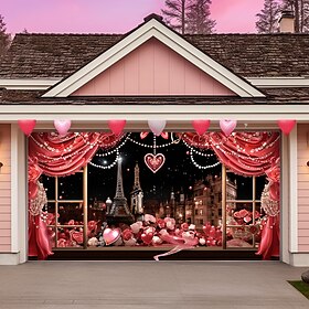 Valentine's Day Paris Date Outdoor Garage Door Cover Banner Large Backdrop Decoration for Outdoor Garage Door Home Wall Decorations Event Party Parade