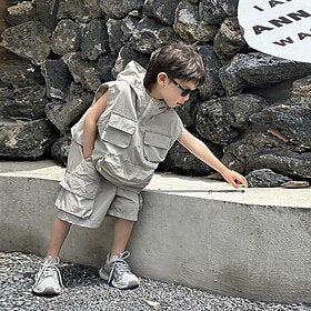 2 Peças Infantil Para Meninos Conjunto Equipamento Côr Sólida Sem Manga Definir Ao ar livre Esportes Legal Verão 3-7 anos Cinzento