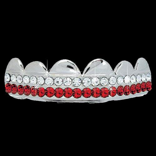 RED - CLEAR Double Bar SILVER Iced Out Grillz Hip Hop Bling Grills TOP