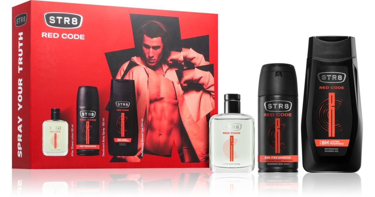 STR8 Röd kod presentset för män Eau de Toilette 50ml + Deodorant Spray 150ml + Energigivande duschgel 250ml