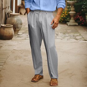 Homens Calças de linho Calças Calça verão Bolso frontal Pregas Perna reta Tecido Conforto Respirável Comprimento total Casual Diário Feriado Moda Básico Preto
