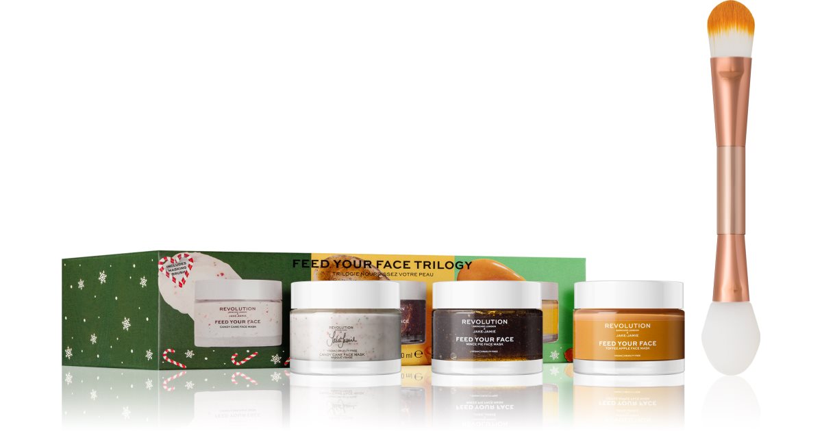 Revolution Skincare X Jake-Jamie Feed Your Gift Edition Toffee Apple Face Mask Set 50ml + Mince Pie 50ml + Candy Cane 50ml + Face Mask Brush
