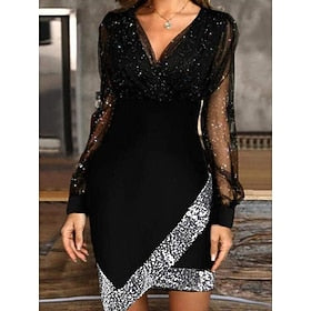 Women's Black Dress Sequin Dress Party Dress Sequins Mesh V Neck Long Sleeve Mini Dress Birthday Vacation Black Wine Spring Winter