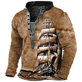 Voor heren Henley-shirt T-shirts Grafisch Schip Henley Kleding 3D-afdrukken Buiten Casual Lange mouw Button-omlaag Afdrukken Modieus Ontwerper Stijlvol Vintage