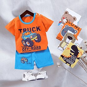 2 Pieces Toddler Boys T-shirt  Shorts Outfit Animal Cartoon Bear Short Sleeve Cotton Set Outdoor Neutral Daily Basic Summer Spring 3-7 Years Short set 30-RABBI
