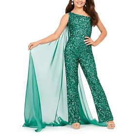 Jumpsuits Ankle Length Flower Girl Dress Pageant  Performance Girls Cute Prom Dress Sequined with Solid Color Glitter  Sparkle Fit 3-16 Years