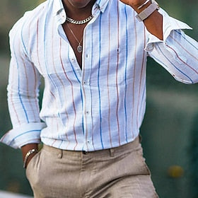 Homens Camisa Social Camisa de linho de algodão camisa de verão camisa de praia Branco Verde Claro Rosa Manga Longa Listrado Lapela Primavera Verão Havaiana Fe
