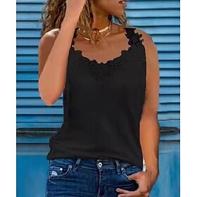 Women's Lace Shirt Tank Top Lace Casual Basic Sleeveless Sleeveless V Neck Black