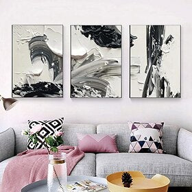 conjunto de pinturas a óleo grossas em preto e branco grandes feitas à mão com 3 pinturas pintadas à mão em acrílico texturizado arte de parede moldura de deco