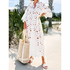 Women's White Dress Midi Dress Lace Eyelet Vacation Beach Streetwear V Neck 3-4 Length Sleeve Black White Wine Color