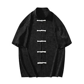 Homens Camisa Social camisa de verão Camisa casual camisa de praia Camisa Chinesa Preto Branco Manga Curta Tecido Colarinho Mandarim Feriado Férias Bordado Rou