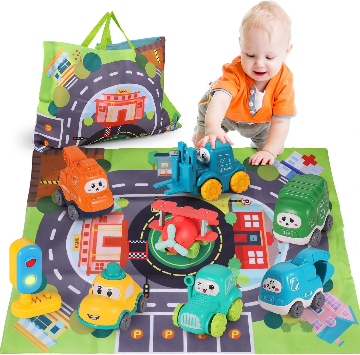 8 PCS Baby Truck Car Toys W Playmat/Storage Bag|1St Birthday Gift for Toddle New