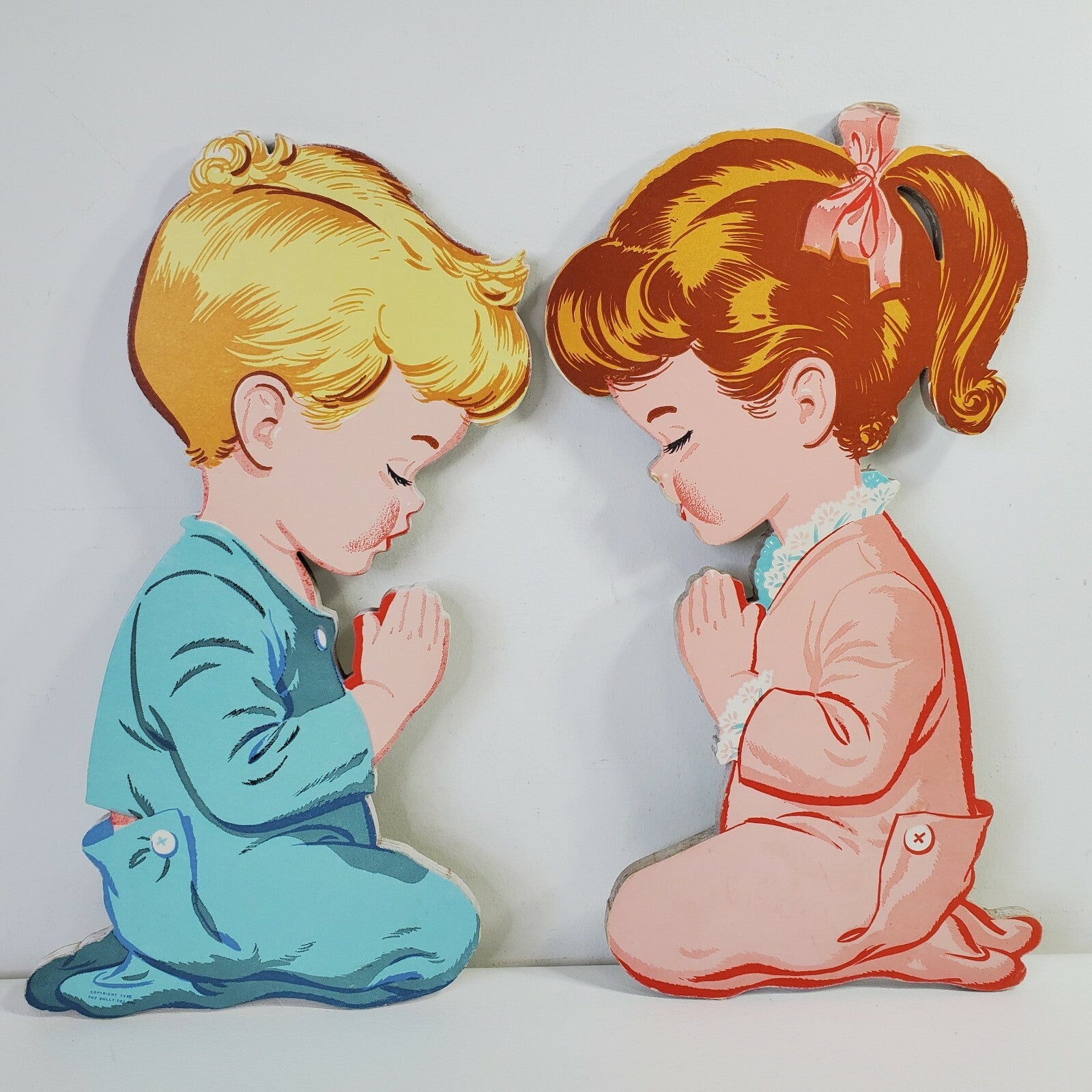 The Dolly Toy Praying Boy & Girl Cardboard Pin Ups Paper Wall Art Litho 1958 VTG