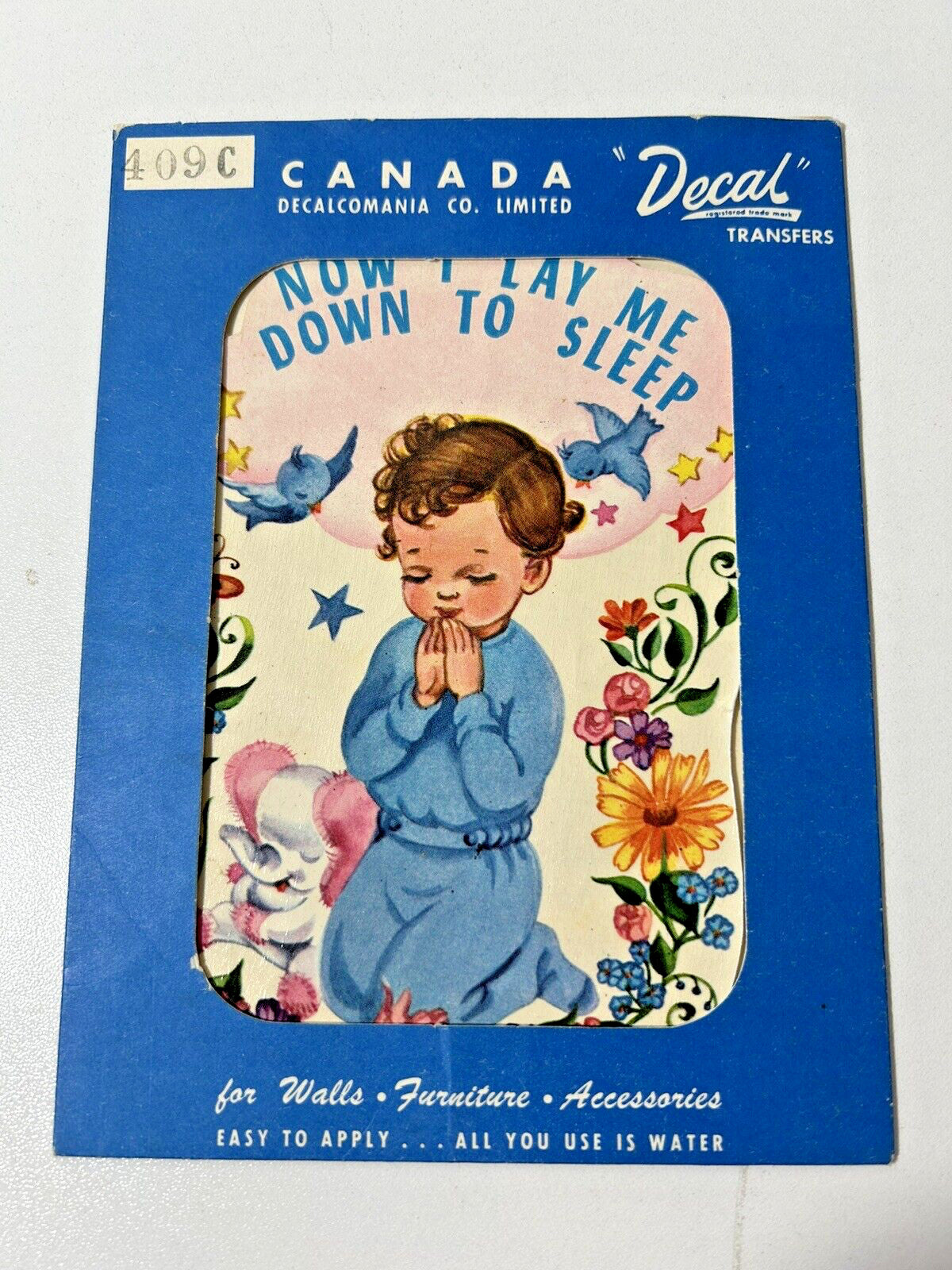 Vtg 1950s Canada Decalcomania Nursery Decal Transfer Now I Lay Sleep 409C Boy