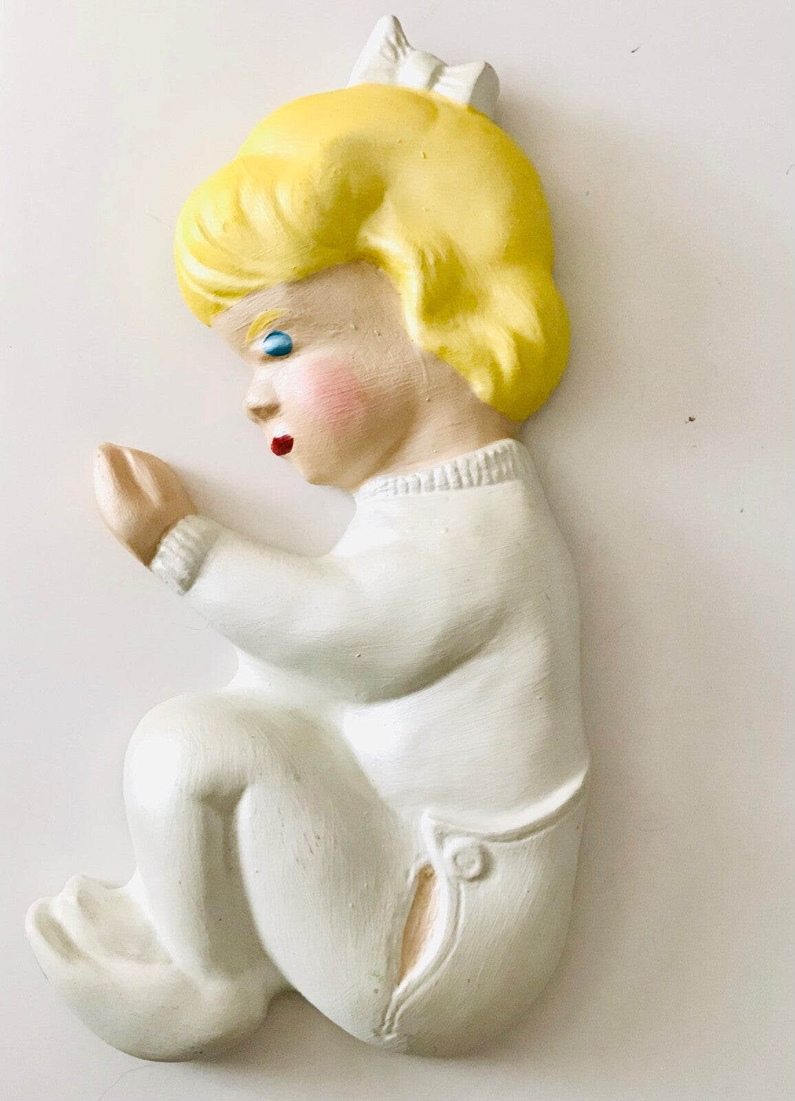 Vintage Chalkware Wall Decor Baby Figure Nursery Kid's Room Blonde Girl Bow