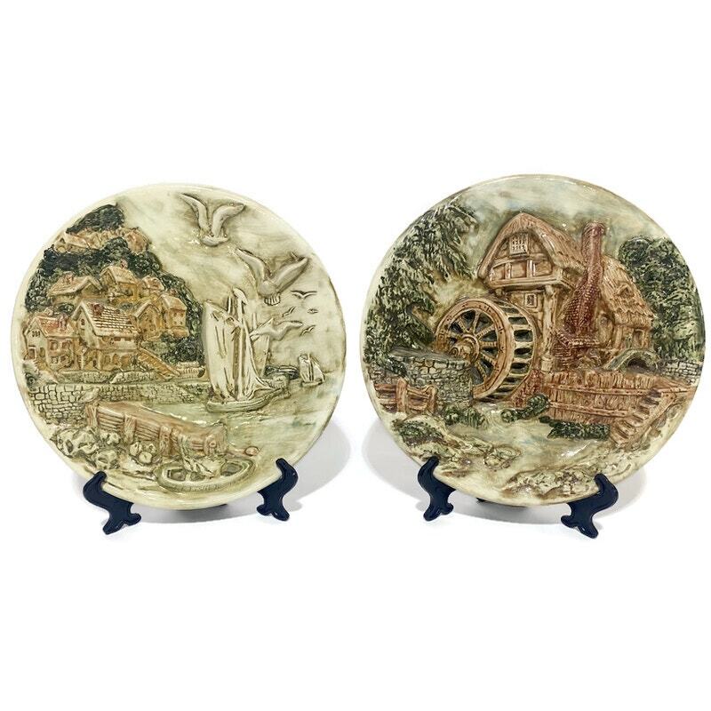 Chalkware Watermill and Seaport Wall Art 2-Dimensional Plates 10.5" Set of 2