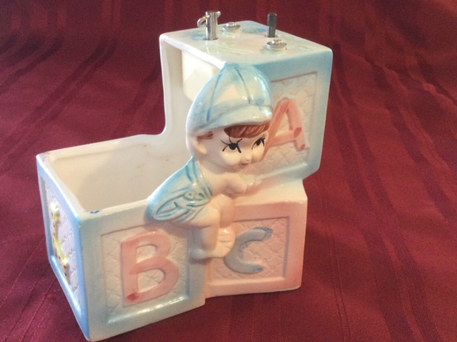 Handcrafted By My-Neil Music Box Planter Baby Sitting on Blocks Non Working