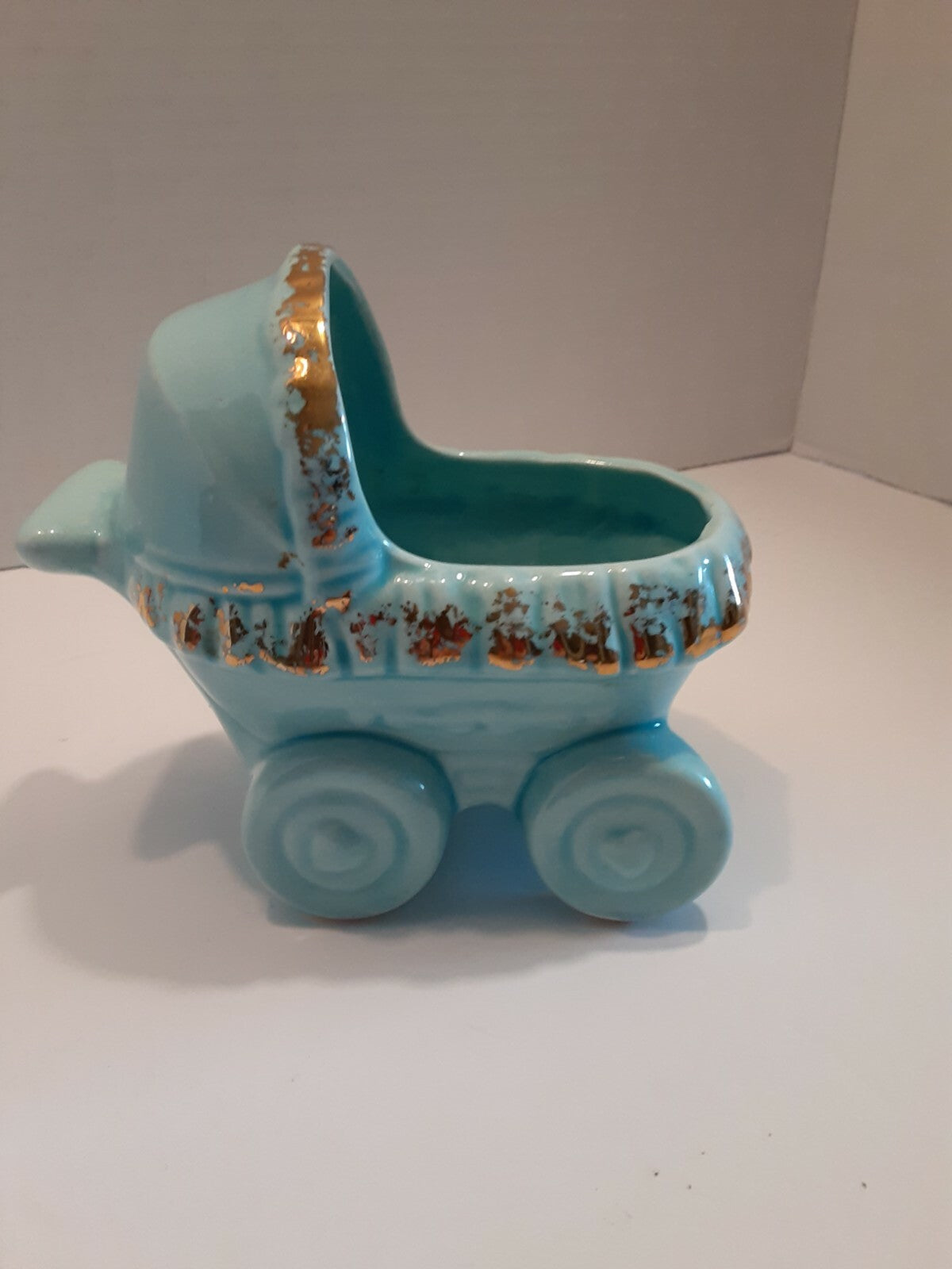 Blue Ceramic Baby Buggy Carriage Planter Vintage Pottery Piece Unmarked 