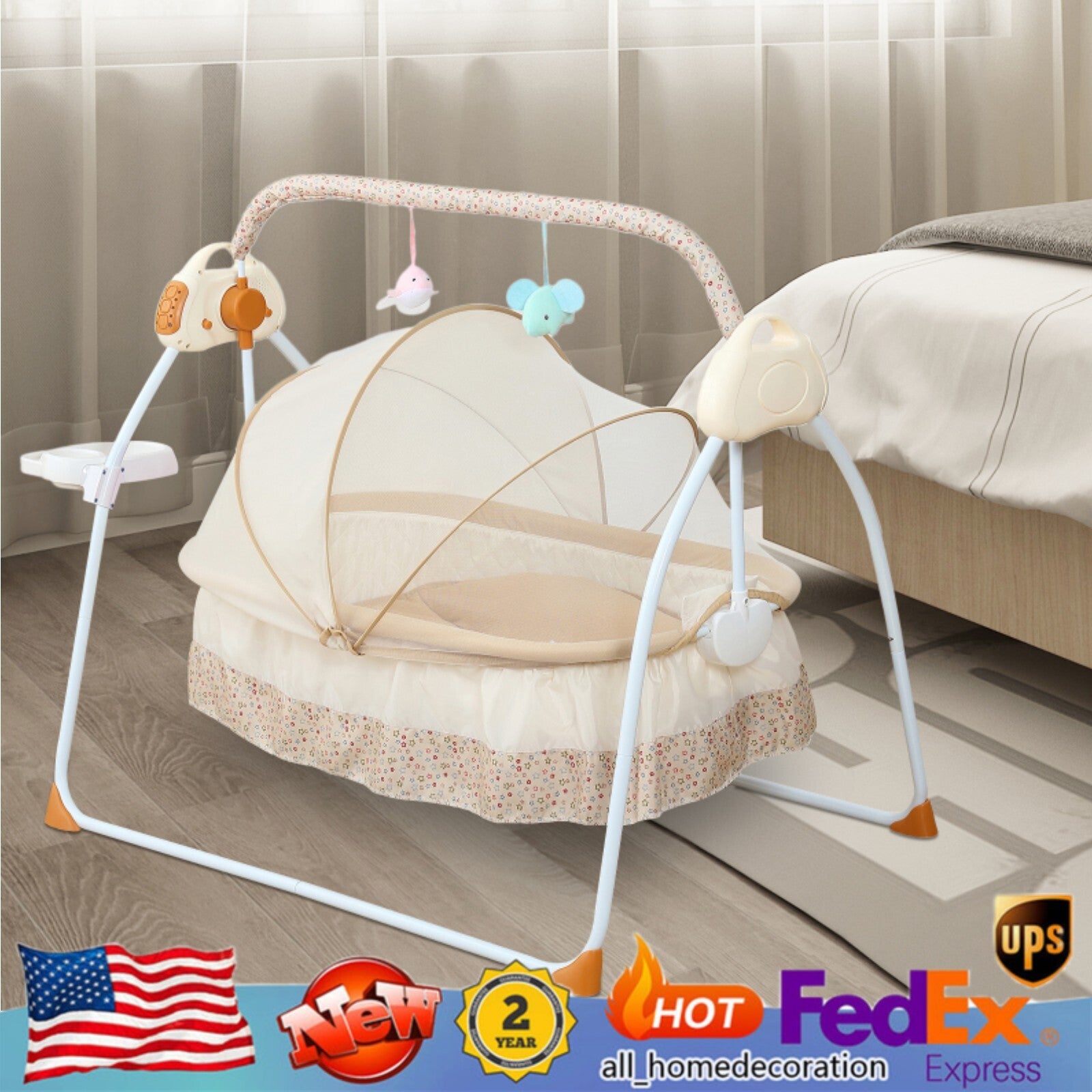 Khaki Electric Folding Infant Crib Remote Control 5-Gear Swing W/ Safety Belt