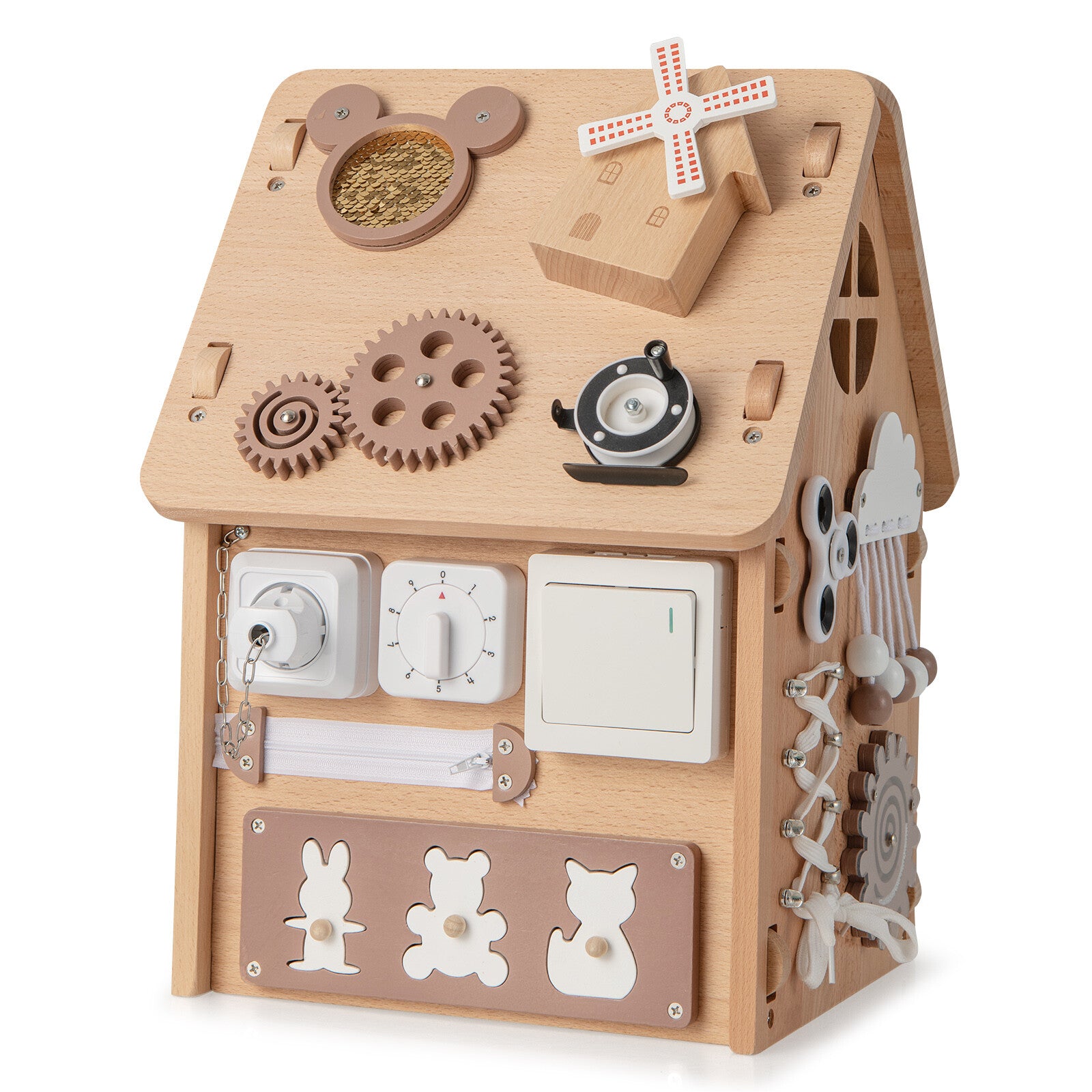 Wooden Busy House Montessori Toy w/ Sensory Games & Interior Storage Space