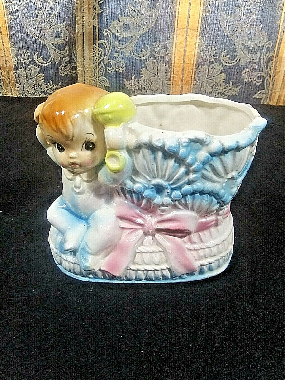 Vintage Nursery Planter Blue Bootie With Baby Boy & Rattle Rubens Originals Japa