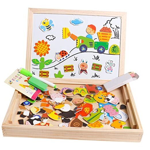 Wooden Educational Toys Magnetic Puzzles for Kids Wooden Art Easel Happy Farm