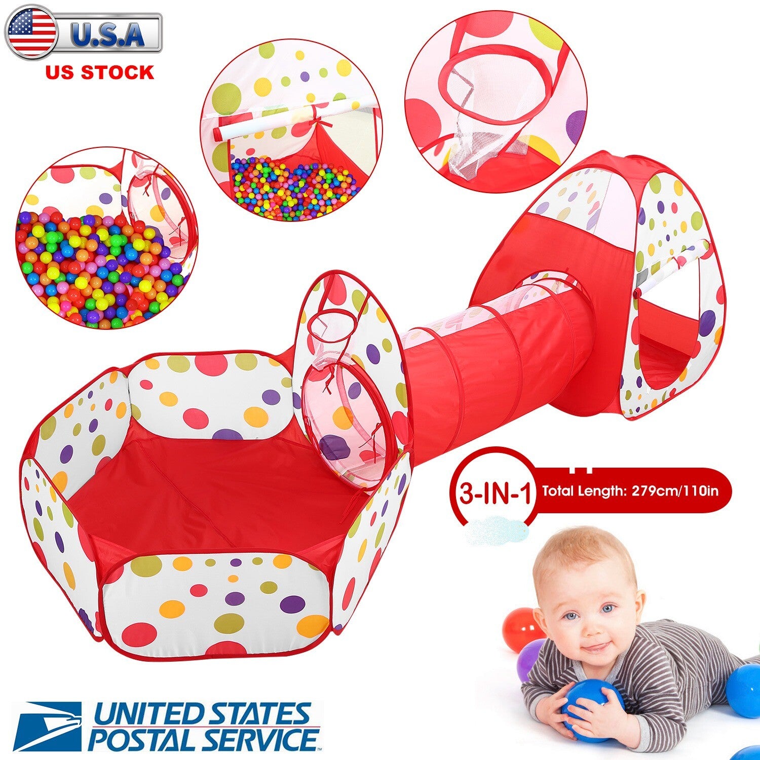 3 in 1 Children Crawl Tunnel Tent Kids Play Tent Ball Pit Kids Play House Gaming