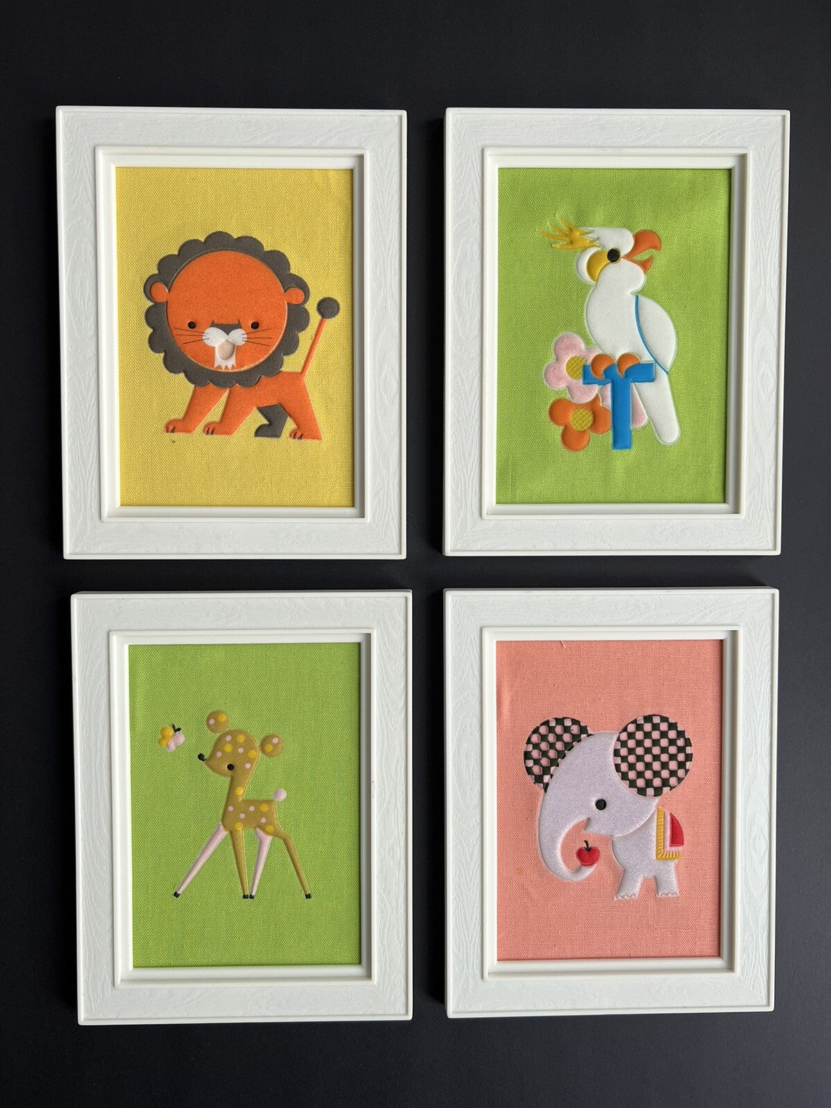 4 VTG 70's Baby Animal Nursery Framed Wall Decor Jungle Pastels Deer Lion 9x7