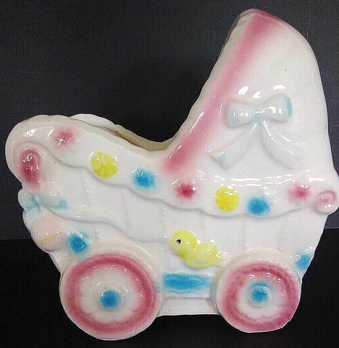 Vase Nursery Planter Vintage Rubens 1950 Ceramic Baby Carriage White Pink Floral