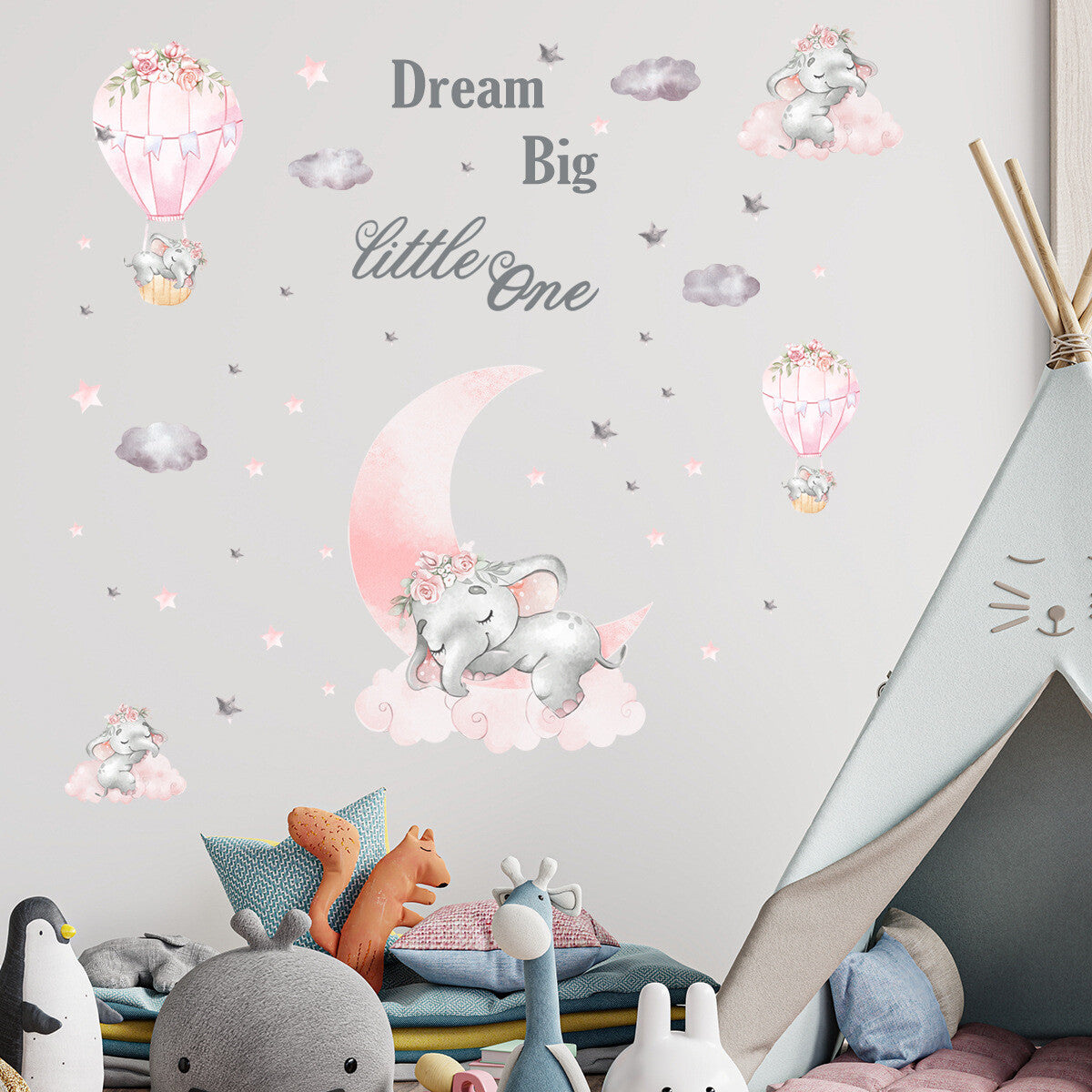 Cartoon Elephant Hot Air Balloon Wall Decal Nursery Baby Room Decor Art Sticker