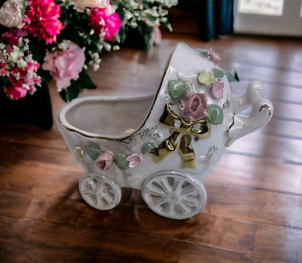Vintage Ceramic Baby Carriage Planter 5" Pink Flowers Gold Accents Please Read*