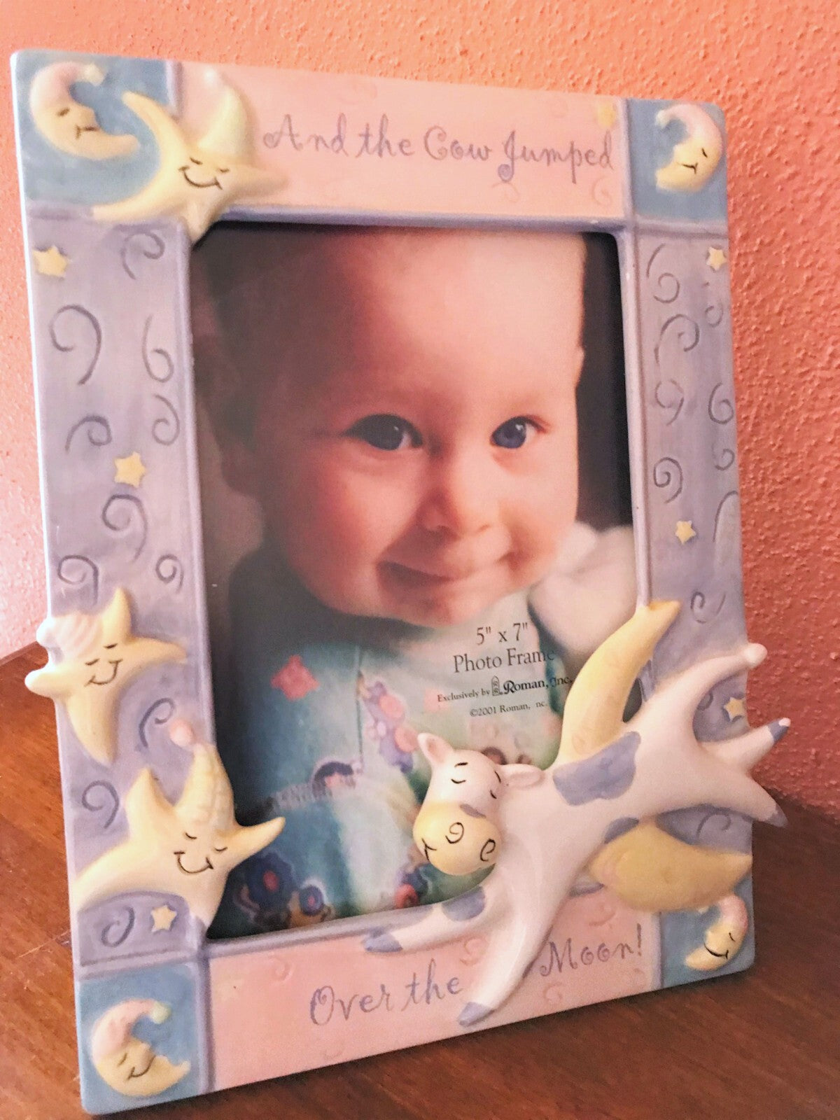 Vintage Baby Photo Frame Porcelain 3D Pastel Cow Jumped Over Moon Nursery Rhyme