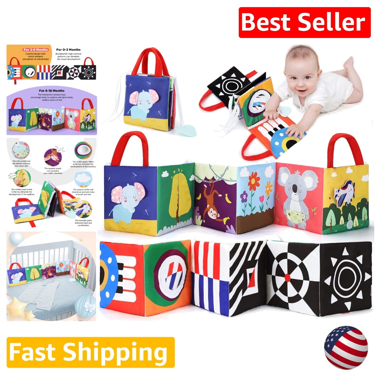 High Contrast Baby Book Toy with Mirror, Teether & Crinkle Paper - Soft Senso...