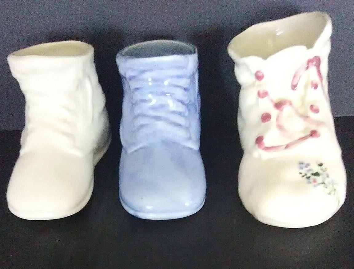 Vase Nursery Planters 3 Vintage Baby Shoes White Blue Floral Hobbyist Handpaint