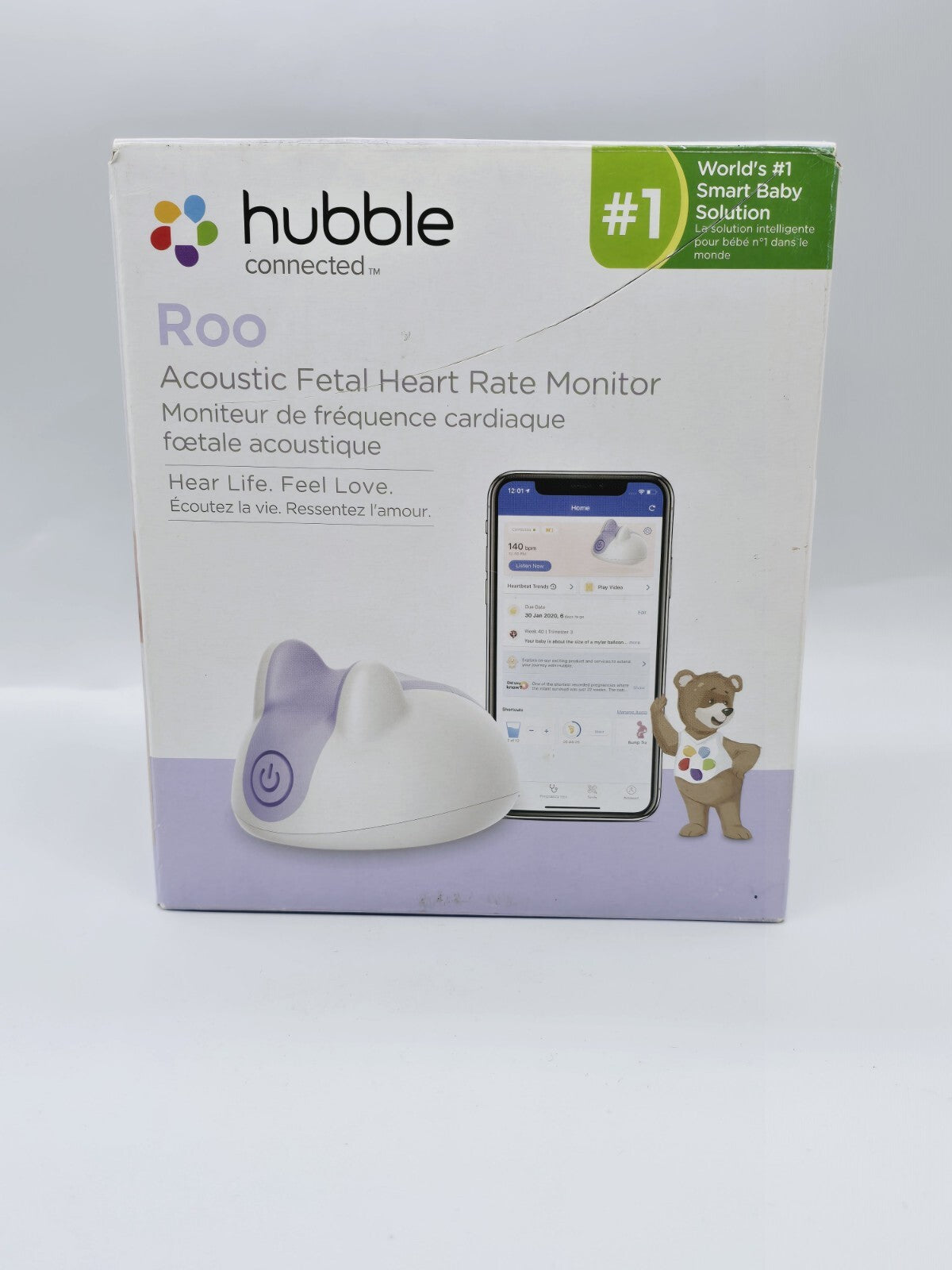 Hubble Connected Roo Prenatal Listening System Heart rate Monitor Purple Open Bo