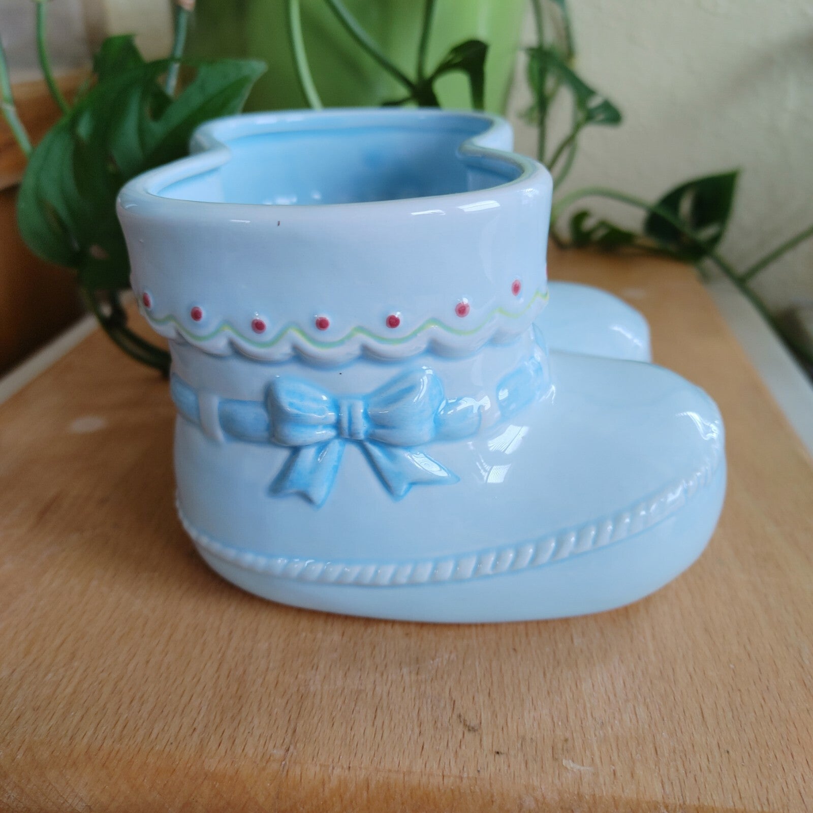 Vintage Napco Ceramic Planter Baby Booties Blue With Bow 