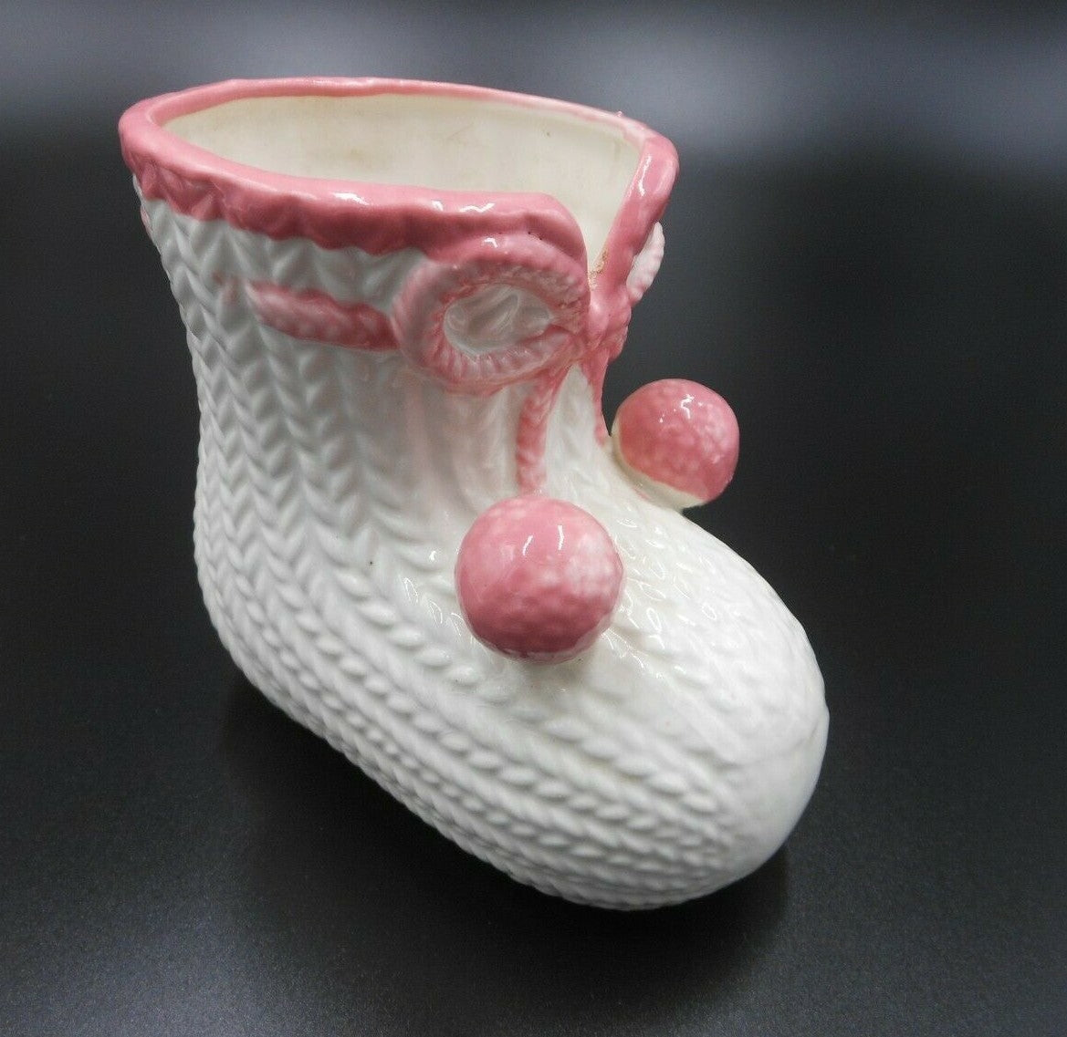  ARTMARK Ceramic Japan Baby Bootie Shoe White Pink Planter Or Trinkets 4" H 