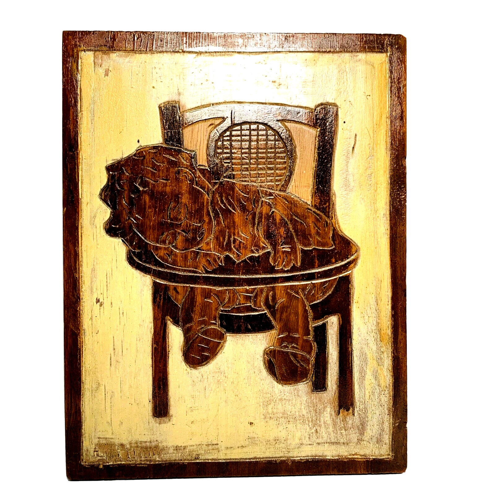 CARVED WOODEN NURSERY WALL HANGING Baby Sleeping High Chair Plaque Signed 1930