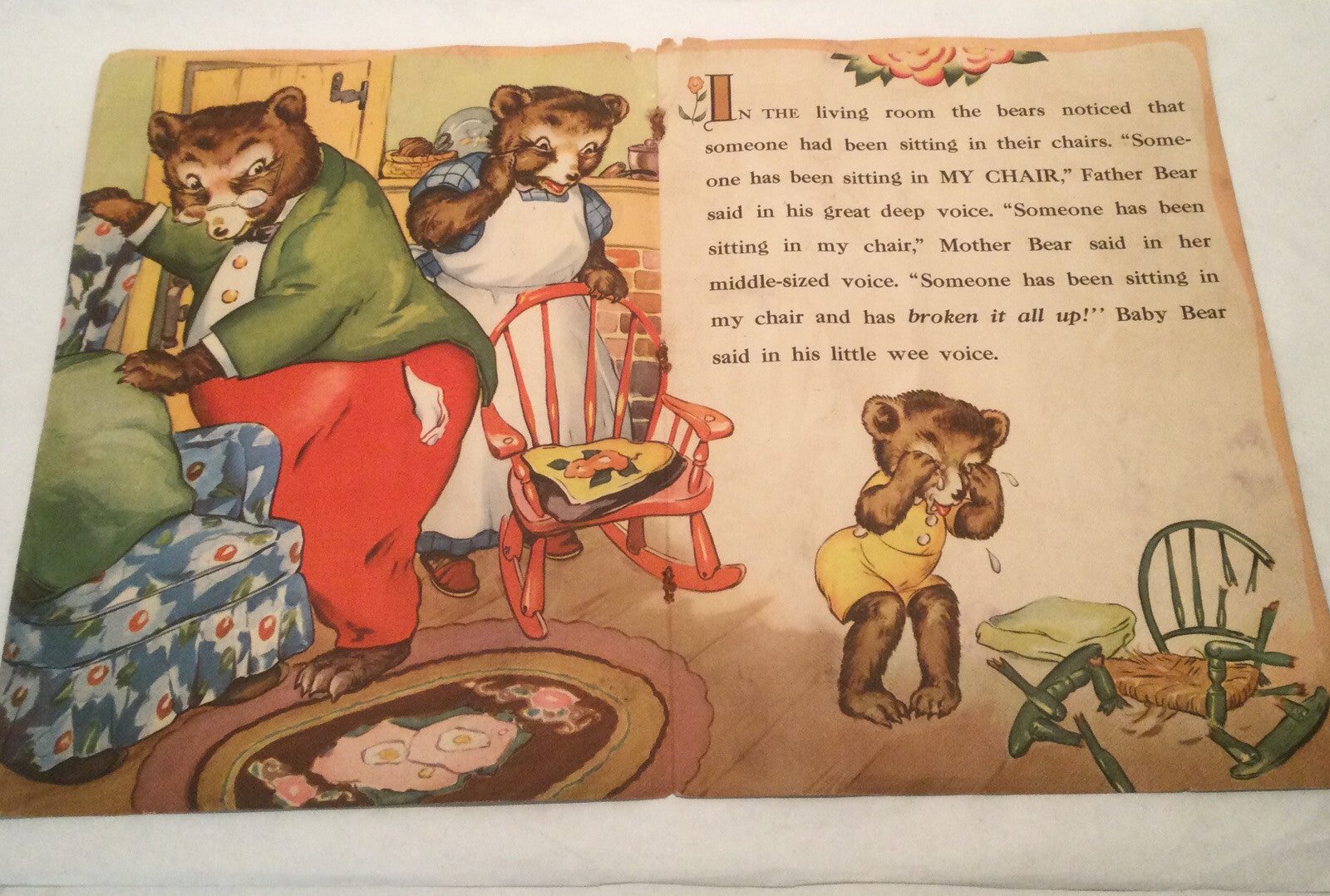 VTG Three Bears Illustration Nursery Art Cutter 1941 Goldilocks Porridge Chairs