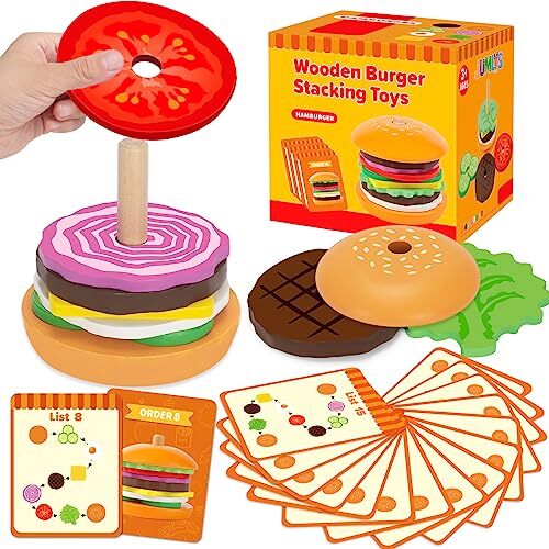 Montessori Toys for 2, 3, 4, 5, Year Old, Wooden Burger Stacking Toys, Fine M...