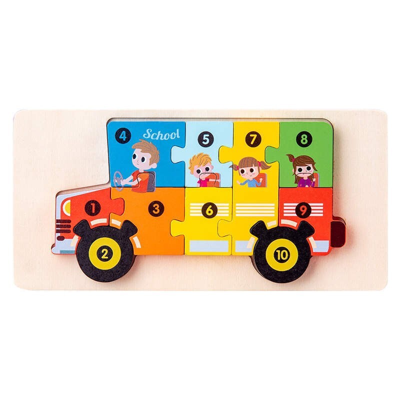 Wooden Puzzles Pieces Toddler Kids  Animals Educational Toy School Bus