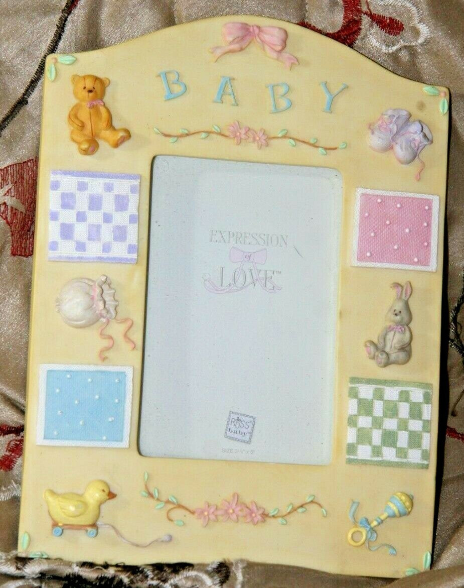 RUSS BERRIE Yellow Nursery BABY PHOTO FRAME  Ceramic 3 1/2 x 5"  Rattle Bear