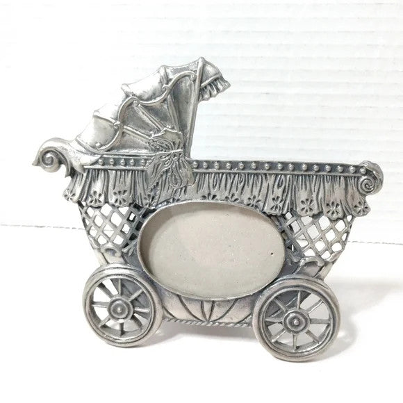 Adorable Linco PHOTO FRAME Baby Carriage Shaped Pewter Metal Easel Back