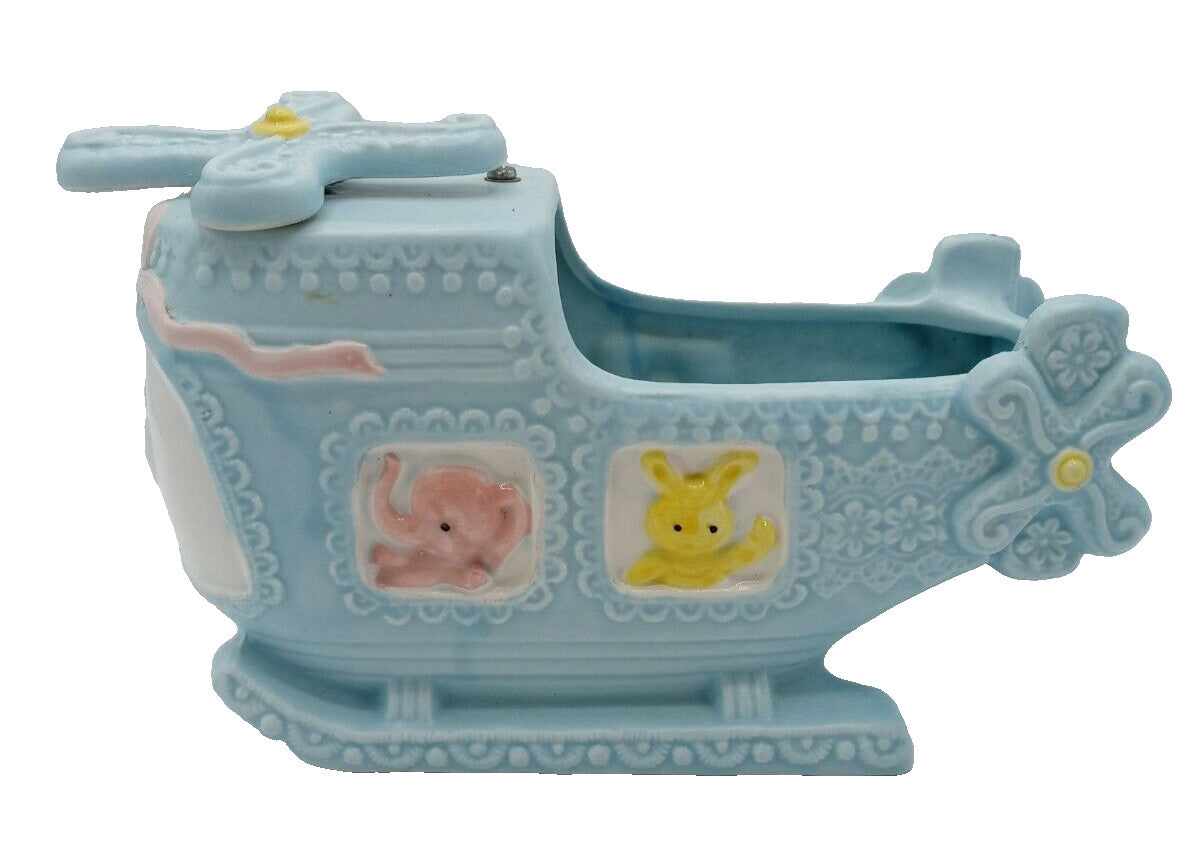 Vintage Napcoware Musical Baby Planter Helicopter Blue