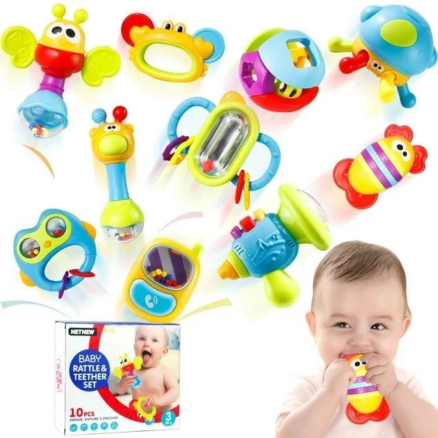 10PCs Baby Rattles Toys Set, Infant Grab N Shake Rattle, Sensory Teether, Newbor