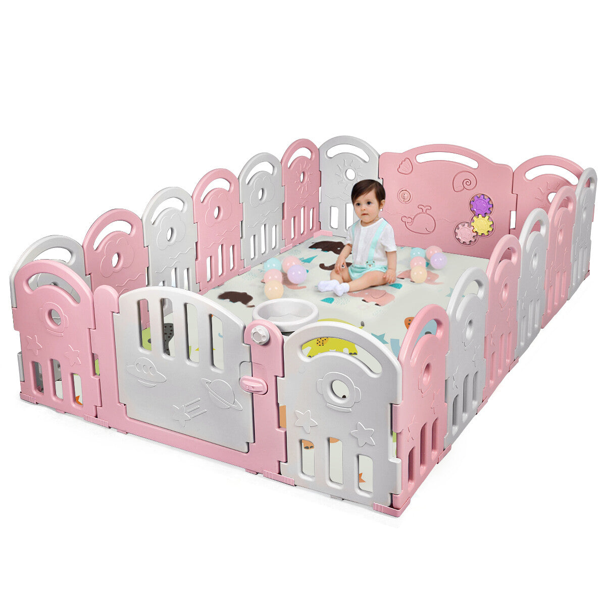 18-Panel Baby Playpen Kids Activity Center w/Music Box & Basketball Hoop Pink