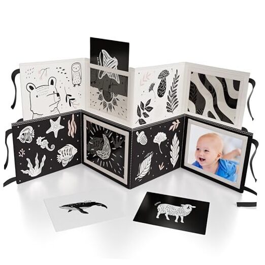 Soft Tummy Time Book w/ Stimulating Baby Safe Mirror - Fun Black and White 
