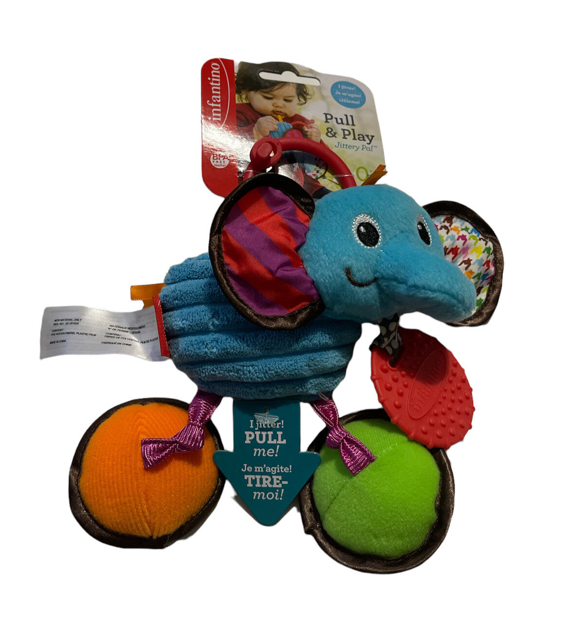 Infantino Pull & Play Jittery Pal Elephant Infant Baby Teething Toy - NEW
