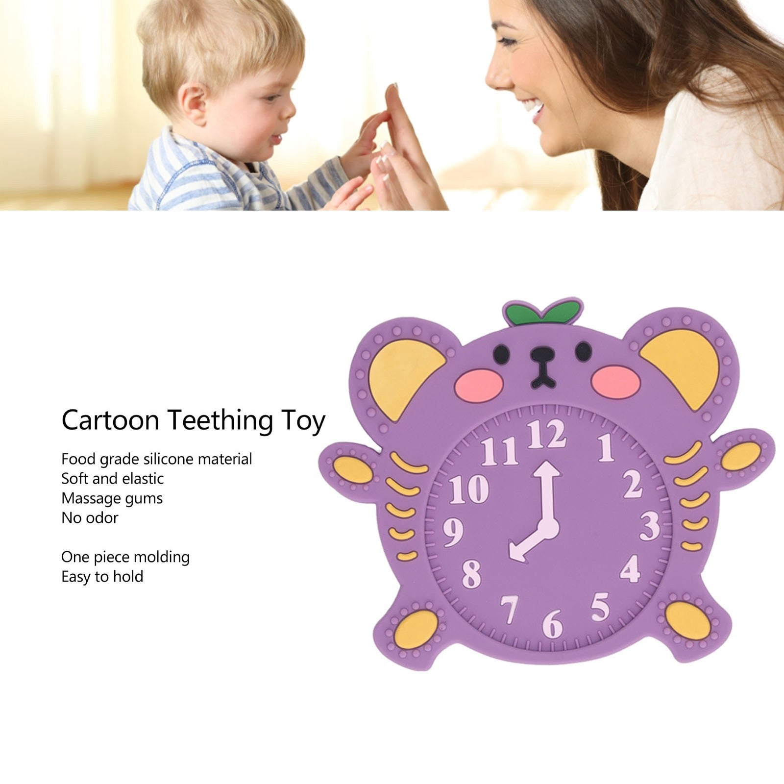 Cartoon Animal Alarm Clock Shaped Teething Toy Gum Relief Infant Soft Silicone